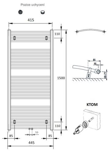 CONCEPT 100 KTOM kúpeľňový radiátor 1500/450, stredové pripojenie, biela RAL9016 KTO-150045-11M10 Technický nákres