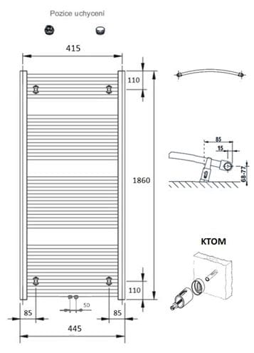 CONCEPT 100 KTOM kúpeľňový radiátor 1860/450, stredové pripojenie, biela RAL9016 KTO-186045-11M10 Technický nákres