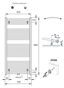 CONCEPT 100 KTOM kúpeľňový radiátor 1860/450, stredové pripojenie, biela RAL9016 KTO-186045-11M10 Technický nákres