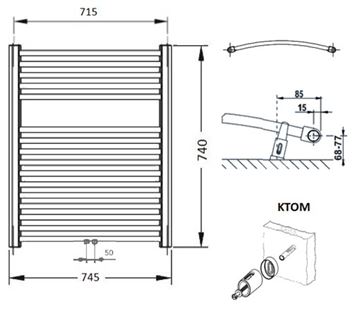 CONCEPT 100 KTOM kúpeľňový radiátor 740/750, stredové pripojenie, biela RAL9016 KTO-074075-11M10 Technický nákres