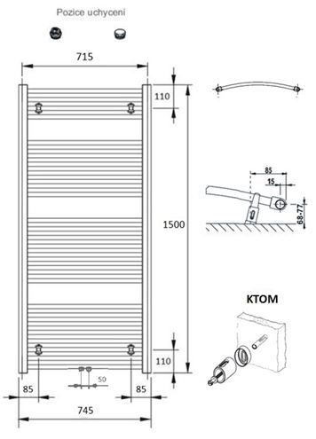 CONCEPT 100 KTOM kúpeľňový radiátor 1500/750, stredové pripojenie, biela RAL9016 KTO-150075-11M10 Technický nákres