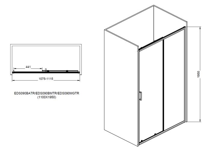 EASY+ sprchové dvere 110x195 cm, posuvné, matná čierna/sklo transparent EASDS110CMTR Technický nákres
