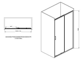 EASY+ sprchové dvere 110x195 cm, posuvné, gun metal/sklo transparent EASDS110GMTR Technický nákres