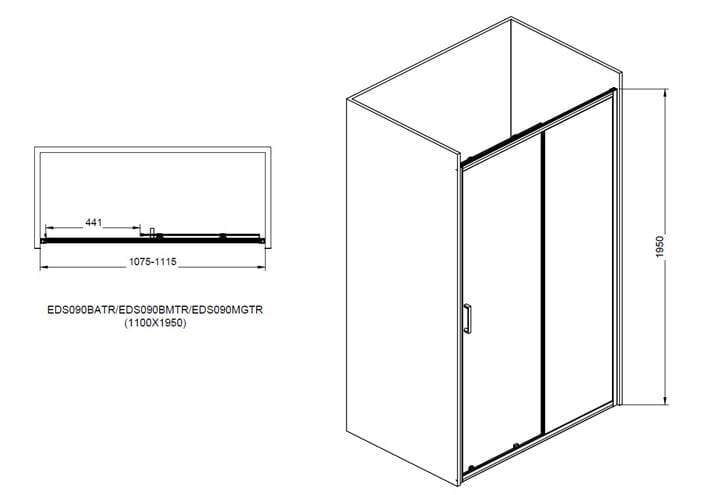EASY+ sprchové dvere 110x195 cm, posuvné, gun metal/sklo transparent EASDS110GMTR Technický nákres