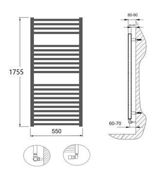 CONCEPT 200 VIOLA kúpeľňový radiátor 1755/550, bočné pripojenie, matná biela RAL9016 MAT CVL17550550SK055003 Technický nákres