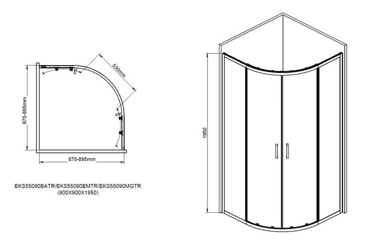 EASY+ sprchovací kút 90x90 cm, R550, posuvné dvere, gun metal/sklo transparent EASKS55090GMTR Technický nákres