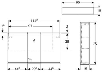 GEBERIT OPTION zrkadlová skrinka 120x70x15 cm, osvetlenie, s vypínačom a el. zásuvkou 500.207.00.1 Technický nákres