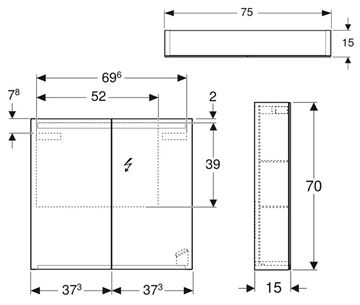 GEBERIT OPTION zrkadlová skrinka 75x70x15 cm, osvetlenie, s vypínačom a el. zásuvkou 500.205.00.1 Technický nákres