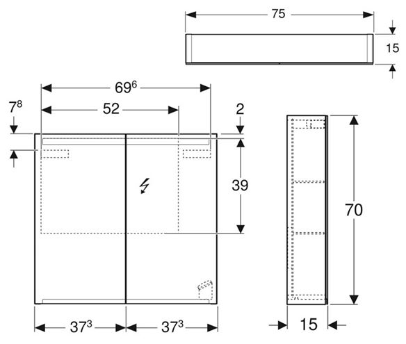 GEBERIT OPTION zrkadlová skrinka 75x70x15 cm, osvetlenie, s vypínačom a el. zásuvkou 500.205.00.1 Technický nákres