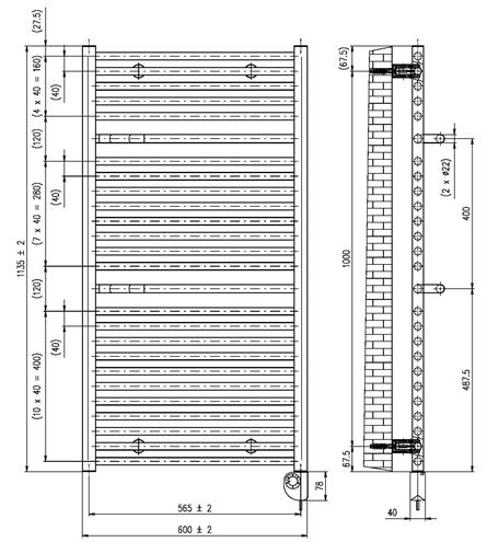 CONCEPT 200 WAVE kúpeľňový radiátor 1135/600, elektrický, vykurovacia tyč s regulátorom, matná biela RAL9016 DAVS11350600MK055013 Technický nákres