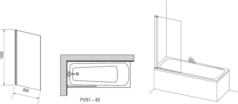 RAVAK PVS1 80 vaňová zástena 80x140 cm, pevná, biela/sklo transparent 79840100Z1 Technický nákres