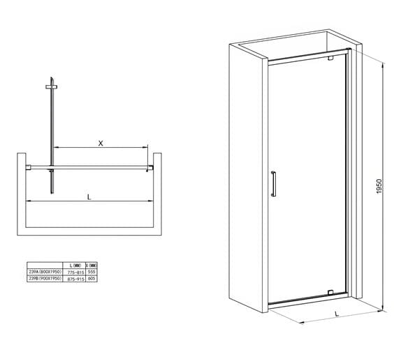 EASY+ sprchové dvere 80x195 cm, pivotové, matná čierna/sklo transparent EASDS80CMTR Technický nákres