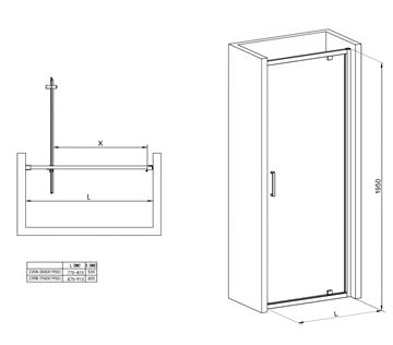 EASY+ sprchové dvere 90x195 cm, pivotové, matná čierna/sklo transparent EASDS090CMTR Technický nákres