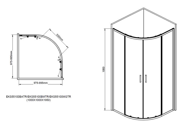 EASY+ sprchovací kút 100x100 cm, R550, posuvné dvere, bright alu/sklo transparent EASKS55100BATR Technický nákres
