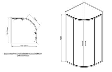 EASY+ sprchovací kút 80x80 cm, R550, posuvné dvere, gun metal/sklo transparent EASKS55080GMTR Technický nákres