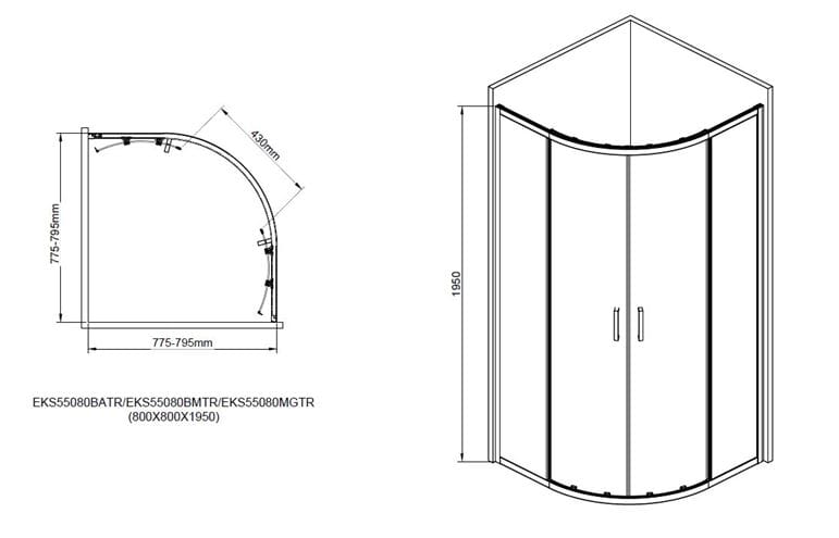 EASY+ sprchovací kút 80x80 cm, R550, posuvné dvere, gun metal/sklo transparent EASKS55080GMTR Technický nákres