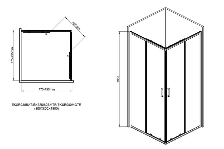 EASY+ sprchovací kút 80x80 cm, rohový vstup, posuvné dvere, bright alu/sklo číre EASKSR080BATR Technický nákres