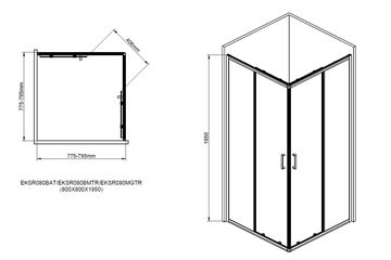 EASY+ sprchovací kút 80x80 cm, rohový vstup, posuvné dvere, bright alu/sklo číre EASKSR080BATR Technický nákres