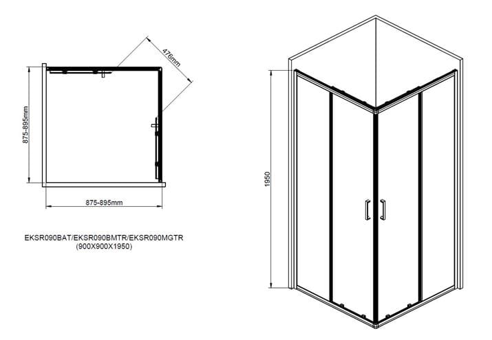 EASY+ sprchovací kút 90x90 cm, rohový vstup, posuvné dvere, gun metal/sklo číre EASKSR090GMTR Technický nákres