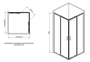 EASY+ sprchovací kút 90x90 cm, rohový vstup, posuvné dvere, gun metal/sklo číre EASKSR090GMTR Technický nákres