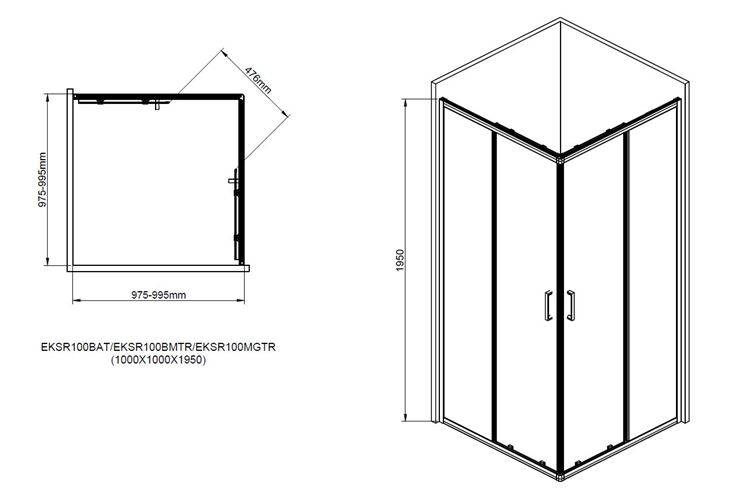 EASY+ sprchovací kút 100x100 cm, rohový vstup, posuvné dvere, gun metal/sklo číre EASKSR100GMTR Technický nákres