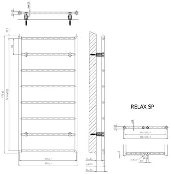 CONCEPT 200 RELAX kúpeľňový radiátor 600/1175, stredové pripojenie, matná čierna DTWS11750600SM515016 Technický nákres