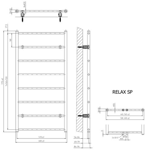 CONCEPT 200 RELAX kúpeľňový radiátor 600/1175, stredové pripojenie, matná čierna DTWS11750600SM515016 Technický nákres