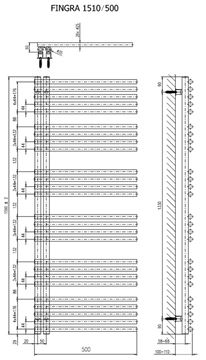 CONCEPT 200 FINGRA kúpeľňový radiátor 1510/500, klasické pripojenie, snehovo biela RAL9016 CFN15100500SK015017 Technický nákres
