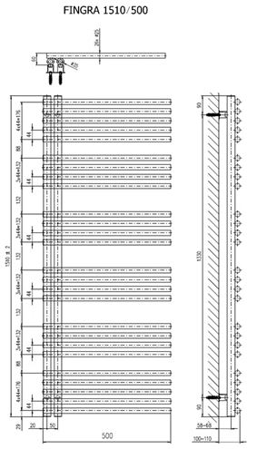CONCEPT 200 FINGRA kúpeľňový radiátor 1510/500, klasické pripojenie, matná biela RAL9016 CFN15100500SK055017 Technický nákres