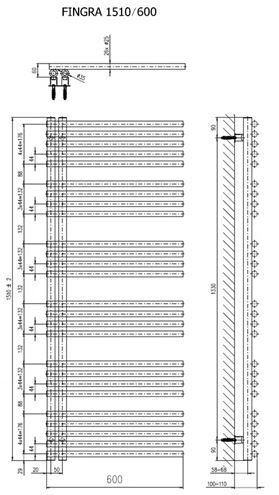 CONCEPT 200 FINGRA kúpeľňový radiátor 1510/600, klasické pripojenie, snehovo biela RAL9016 CFN15100600SK015017 Technický nákres