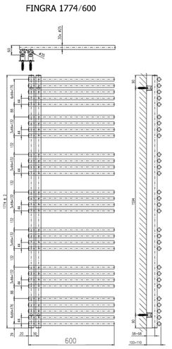 CONCEPT 200 FINGRA kúpeľňový radiátor 1774/600, klasické pripojenie, matná biela RAL9016 CFN17740600SK055017 Technický nákres