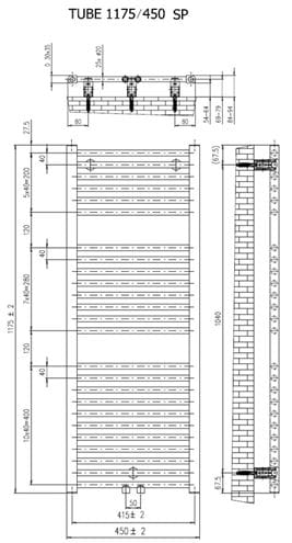 CONCEPT 200 TUBE SP kúpeľňový radiátor 1175/450, stredové pripojenie, snehovo biela RAL9016 CTU11750450SM015001 Technický nákres