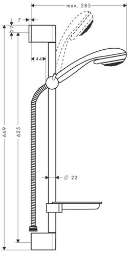 HANSGROHE CROMETTA 85 VARIO 2JET sprchová súprava 4-dielna, ručná sprcha pr. 85 mm, 2 prúdy, tyč, hadica, mydelnička, chróm 27764000 Technický nákres