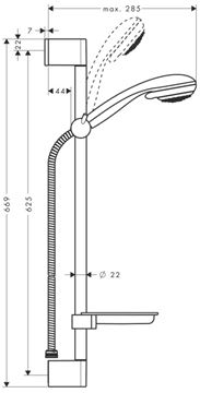 HANSGROHE CROMETTA 85 VARIO 2JET sprchová súprava 4-dielna, ručná sprcha pr. 85 mm, 2 prúdy, tyč, hadica, mydelnička, chróm 27764000 Technický nákres