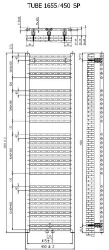 CONCEPT 200 TUBE SP kúpeľňový radiátor 1655/450, stredové pripojenie, matná čierna CTU16550450SM515001 Technický nákres