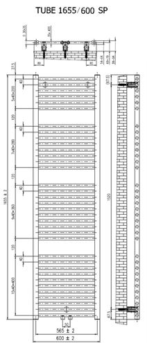 CONCEPT 200 TUBE SP kúpeľňový radiátor 1655/600, stredové pripojenie, matná čierna CTU16550600SM515001 Technický nákres