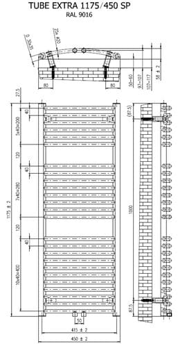 CONCEPT 200 TUBE EXTRA SP kúpeľňový radiátor 1175/450, stredové pripojenie, čierna perla S22 CTE11750450SM855002 Technický nákres