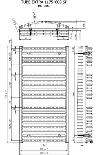CONCEPT 200 TUBE EXTRA SP kúpeľňový radiátor 1175/600, stredové pripojenie, snehovo biela RAL9016 CTE11750600SM015002 Technický nákres