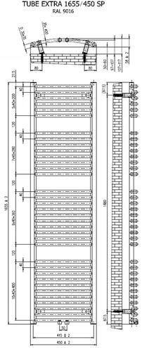 CONCEPT 200 TUBE EXTRA SP kúpeľňový radiátor 1655/450, stredové pripojenie, matná čierna CTE16550450SM515002 Technický nákres
