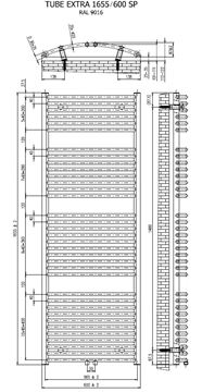 CONCEPT 200 TUBE EXTRA SP kúpeľňový radiátor 1655/600, stredové pripojenie, snehovo biela RAL9016 CTE16550600SM015002 Technický nákres