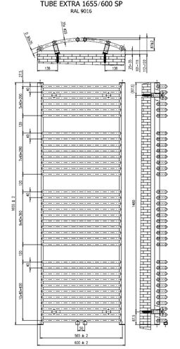 CONCEPT 200 TUBE EXTRA SP kúpeľňový radiátor 1655/600, stredové pripojenie, matná čierna CTE16550600SM515002 Technický nákres