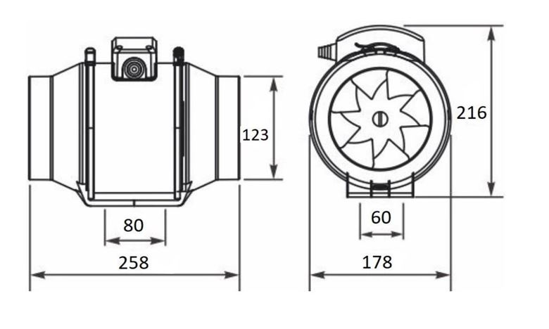 HACO DVP HIDE 125 S diagonálny ventilátor 125 mm, potrubný 0947 Technický nákres