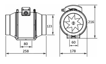HACO DVP HIDE 125 S diagonálny ventilátor 125 mm, potrubný 0947 Technický nákres
