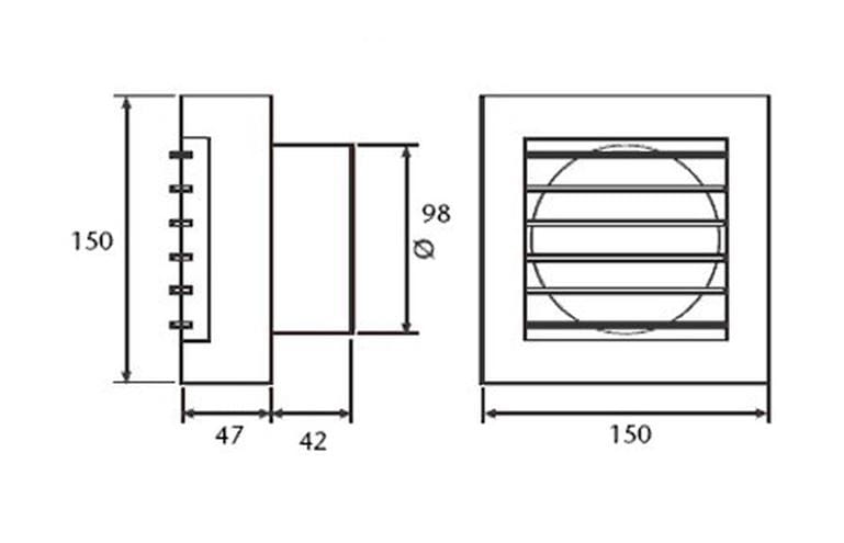 CATA B-10 MATIC axiálny ventilátor 100 mm, nástenný/stropný/do okna, so spätnou klapkou, biela 00915000 Technický nákres