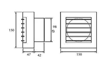 CATA B-10 MATIC axiálny ventilátor 100 mm, nástenný/stropný/do okna, so spätnou klapkou, biela 00915000 Technický nákres