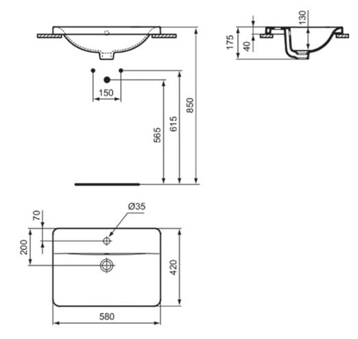 IDEAL STANDARD CONNECT umývadlo 58 cm, s otvorom pre batériu a prepadom E504401 Technický nákres