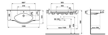 LAUFEN PALACE umývadlo 120 cm, s otvorom pre batériu a prepadom, s držiakom na uterák H8127040001041 Technický nákres