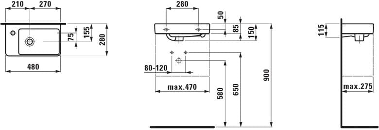 LAUFEN PRO S umývadielko 48 cm, s otvorom pre batériu vľavo a prepadom H8159550001041 Technický nákres