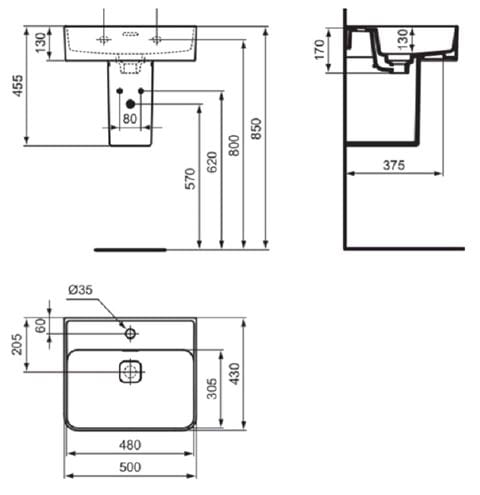 IDEAL STANDARD STRADA II umývadlo na dosku 50 cm, s otvorom pre batériu a prepadom, brúsené T364301 Technický nákres