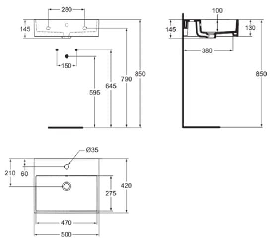 IDEAL STANDARD STRADA umývadlo 50 cm, s otvorom pre batériu a prepadom K077701 Technický nákres